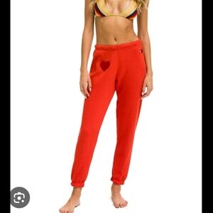 Aviator Nation HEART EMBROIDERY SWEATPANTS - RED Small